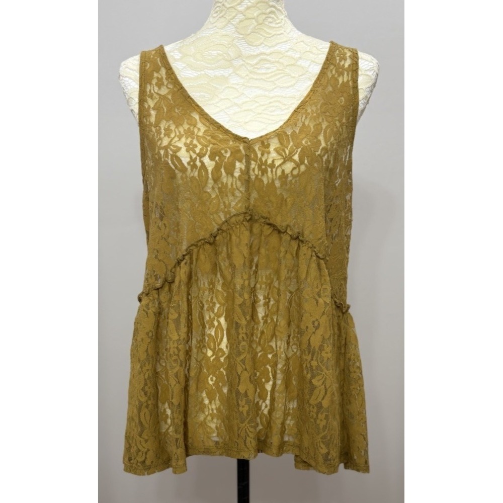 Vintage Y2K Camisole Top L Mustard Yellow Lace Trim Fairycore Grunge Sheer Tank